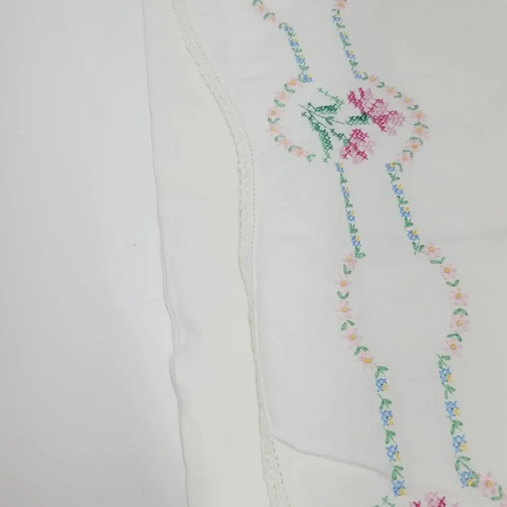 Vtg Hand Embroidered Pink Flower Floral Border Cotton Pillowcase Single Standard